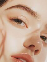 Close-up showing radiant skin and hazel eyes on a fair-skinned female model photo