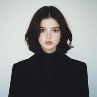 Elegant portrait of a woman with a short, dark bob haircut and refined features in a black outfit photo