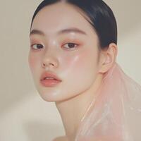 Radiant beauty portrait featuring a young Asian woman with luminous, healthy skin and soft, subtle makeup. photo