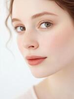 Beautiful young woman features soft makeup and fresh, clear skin looks into the camera. photo