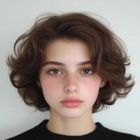 Beautiful girl portrait with brown eyes and short brown wavy hair style, a charming facial expression photo