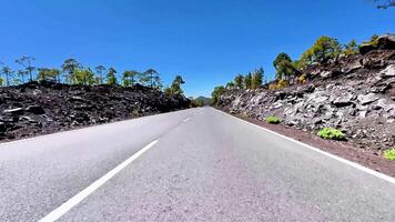 A beautifully picturesque road is framed by stunning volcanic rocks and tall green trees beneath a bright blue sky video