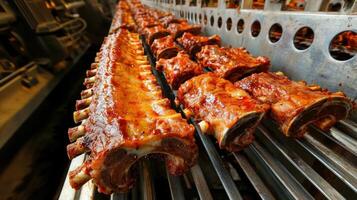 ribs on a conveyor belt in a factory photo
