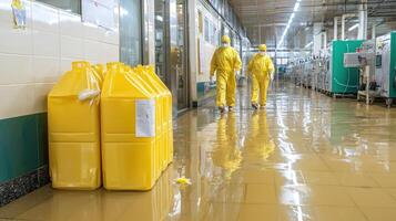 two people in yellow suits walking through a flooded factory photo