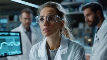 focused female scientist wearing safety goggles in laboratory setting photo