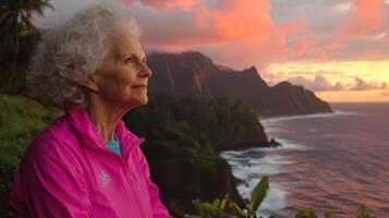 serene elderly woman gazes at vibrant sunset over ocean photo
