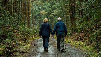 Walking hand in hand, elderly couple enjoys serene forest trail photo