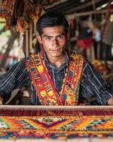 Craftsman weaving colorful textile with intricate patterns and designs photo