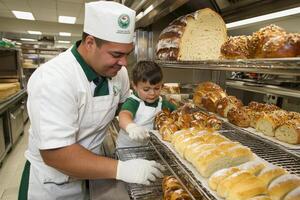 a man and a boy in a bakery photo