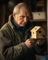 elderly man holding wooden birdhouse with serious expression photo