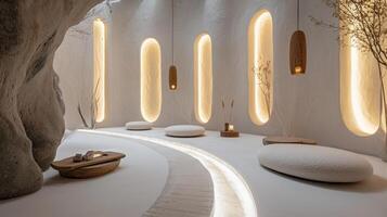 serene minimalist interior with soft lighting, organic shapes, and natural decor photo