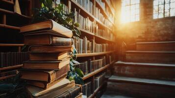 stack of old books in cozy library with warm sunlight streaming through window photo