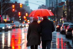 a couple walking down the street with an umbrella photo