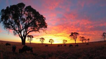 a herd of cattle grazing in a field at sunset photo