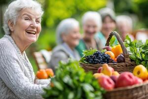senior woman with basket of fruit and vegetables photo