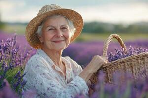 an older woman with a basket of lavender flowers photo