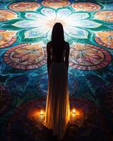serene woman stands before vibrant mandala, illuminated by candles photo