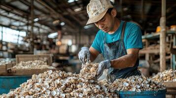a man is working in a factory with oysters photo