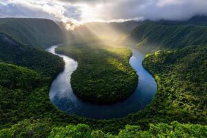 sunlight shines through the clouds over a river in the middle of a forest photo