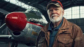 older man standing in front an airplane photo