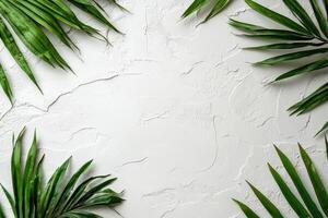 Tropical green leaves on textured white background, creating natural frame photo