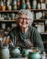 an older woman sitting at a table with pots and vases photo