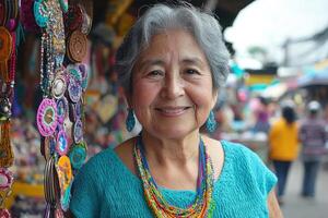 a woman wearing colorful necklaces in a market photo