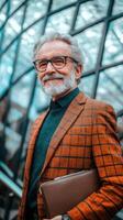 a man with a beard and glasses is standing in front of a glass building photo