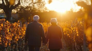 couple walks hand in hand through vineyard at sunset, enjoying moment photo