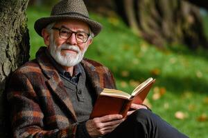 Senior man reading book outdoors, enjoying peaceful moment in nature photo