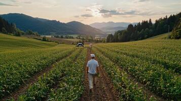 farmer walking through lush green field at sunset, surrounded by scenic hills photo