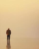 solitary man stands in calm water, reflecting on life in serene landscape photo