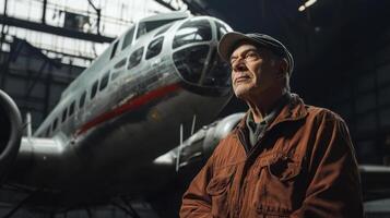 older man standing in front of airplane photo