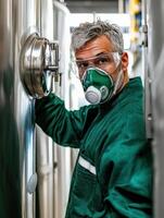 a man wearing a gas mask in a brewery photo