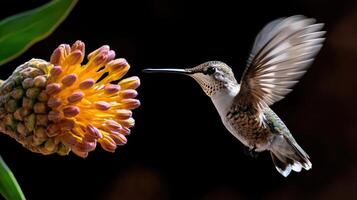 a hummingbird is hovering near a flower photo