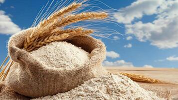 wheat and flour on a wooden table with blue sky background photo
