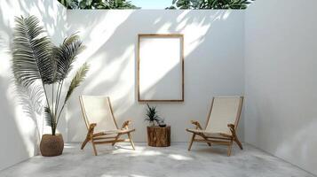Minimalist outdoor seating area with wooden chairs, potted plant, and blank frame photo
