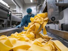 a worker is cutting up yellow pasta photo