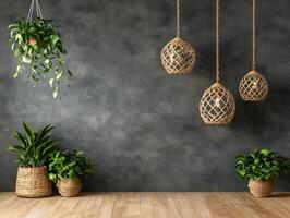 three hanging plants in a room with a concrete wall photo