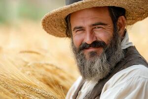 smiling farmer in straw hat stands among golden wheat fields, radiating joy photo