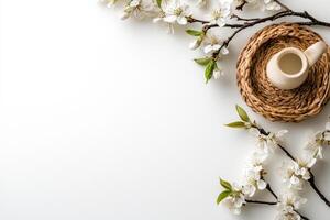 Spring blossoms with ceramic jug on woven mat, creating serene composition photo