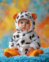 Cute baby in tiger costume with orange accents, sitting on blue blanket photo