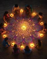 Celebration of light with colorful rangoli and candles during festival photo