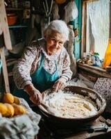 Senior woman mixing dough in rustic kitchen, joyful expression and natural light photo