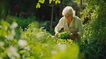 Elderly woman harvesting fresh lettuce in vibrant garden setting photo
