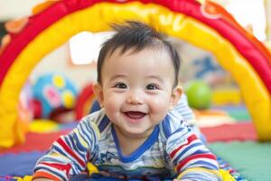 Happy baby crawling under colorful play arch in bright environment photo