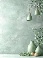 green vases with olive branches and eggs on a concrete wall photo