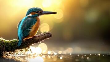 a kingfisher sits on a branch in the water photo