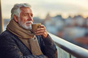 Senior man enjoying warm drink on balcony, reflecting peacefully photo