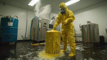 a man in a yellow hazmat suit is pouring yellow liquid into a container photo